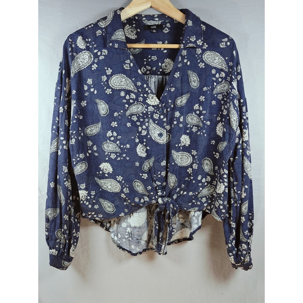 Fate Women's Paisley Print Tie Front‎ Top Navy Blue Long Sleeve Size Medium